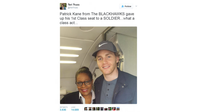 Blackhawks’ Patrick Kane Gave Up 1st Class Plane Seat To Soldier